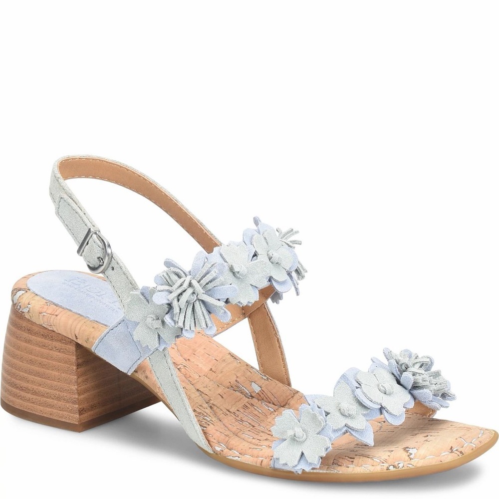 New Born Springs Flower Sandals Light Blue Leather Block Heel Size 7